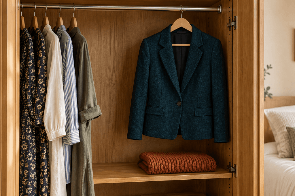 Teal woven jacket on a wooden hanger above a folded rust-colored knit sweater, separated from other clothes in an oak wardrobe.