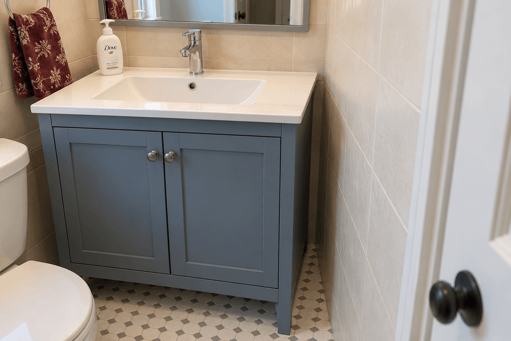 Blue bathroom vanity beside a tiled wall, with a narrow open side gap and a countertop that projects beyond the cabinet.
