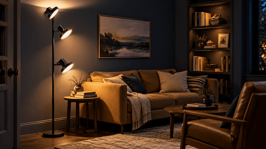 SIBRILLE three-head LED tree floor lamp directing layered light across a dark multipurpose living room.