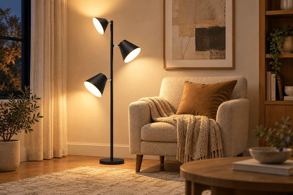Black three-head LED floor lamp casting warm adjustable light beside an armchair in a cozy living room without overhead lighting.