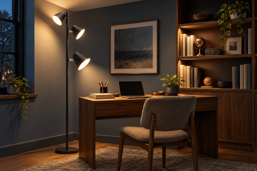 Pesken three-head LED tree floor lamp directing light across a dark home office and illuminating the desk, ceiling and shelving.