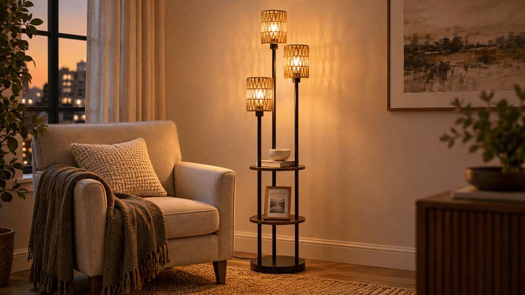 Three-light rattan floor lamp with two round display shelves beside a compact neutral reading chair.