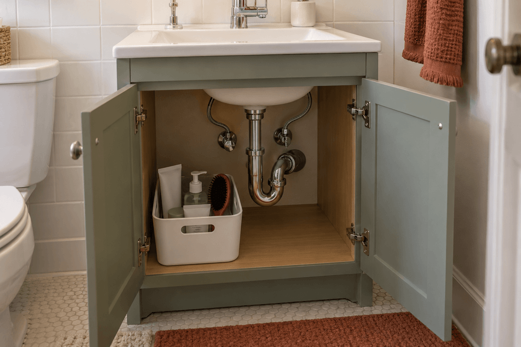 Open sage-green bathroom vanity with a removable toiletries bin beside exposed sink plumbing.