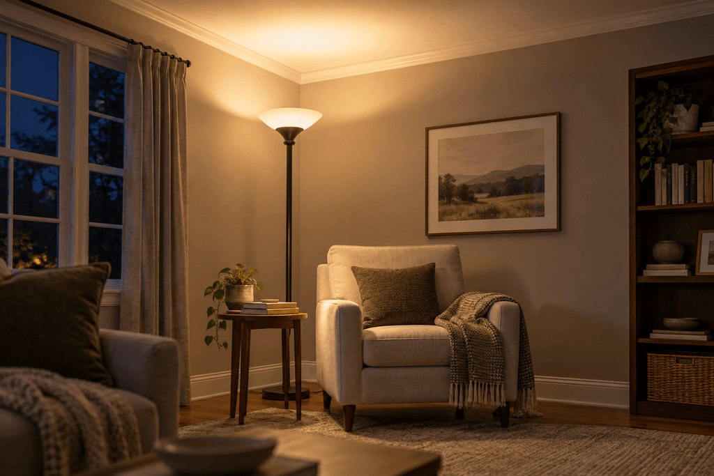 Torchiere floor lamp bouncing warm light off the ceiling beside a reading chair in a dark living room.