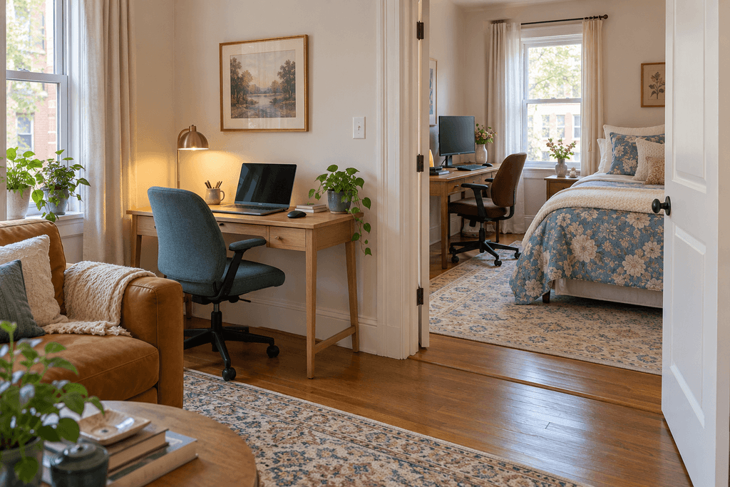 Laptop desk in a small living room, with a second workstation visible through the doorway of a bedroom with blue floral bedding.