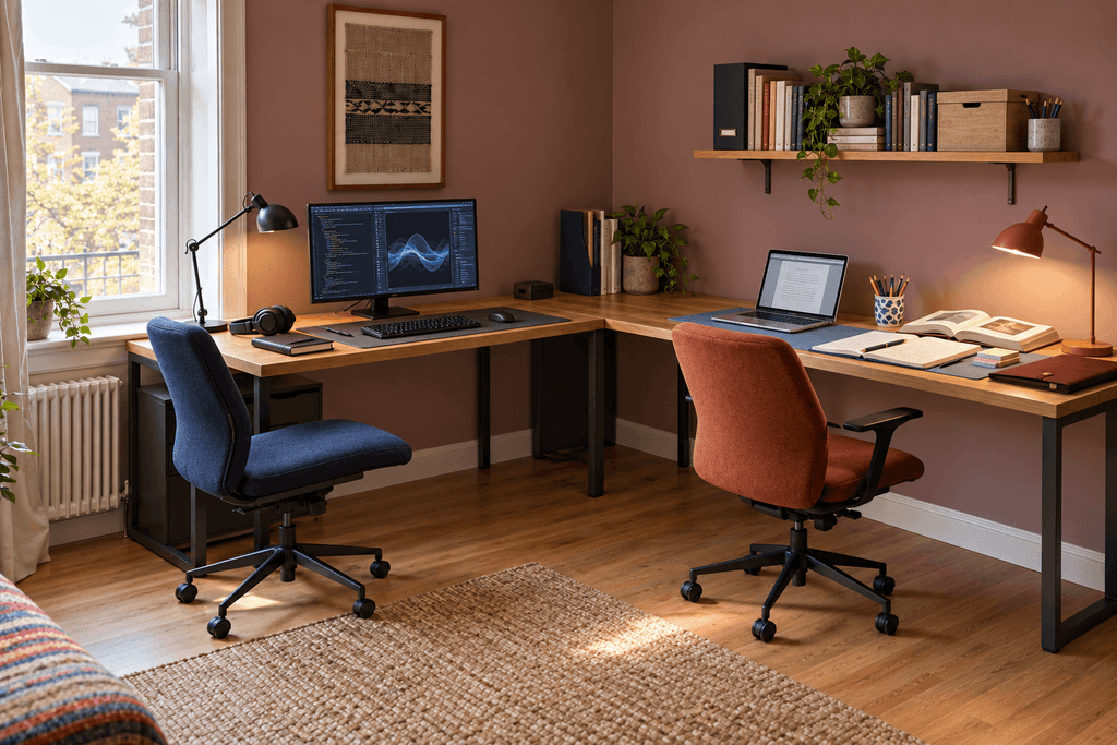 L-shaped shared workspace with a monitor and headphones on one side, and a laptop, open books and notebook on the other.