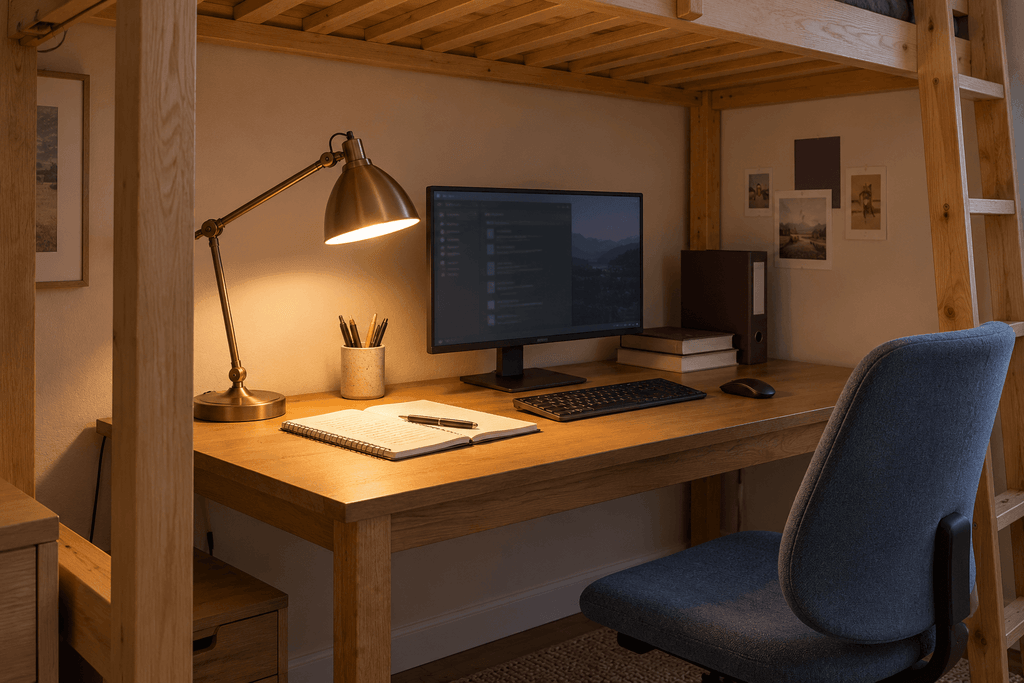 Adjustable brass desk lamp illuminating an open notebook beside a monitor beneath a wooden loft bed.