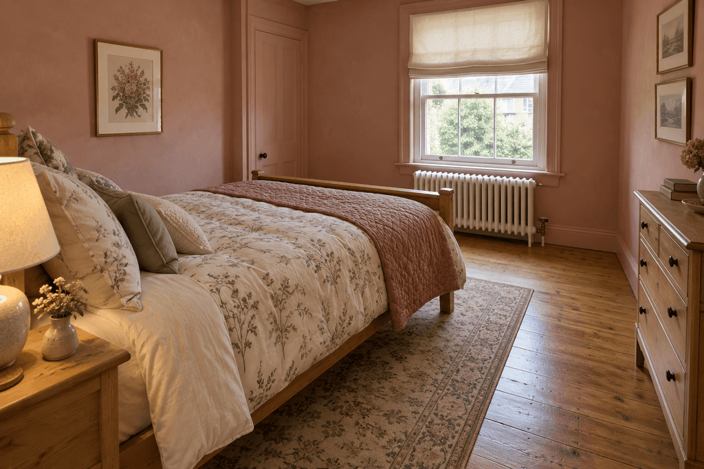 Pink bedroom with floral bedding and a raspberry coverlet, with the foot of the bed facing a window and exposed radiator across a clear floor passage.