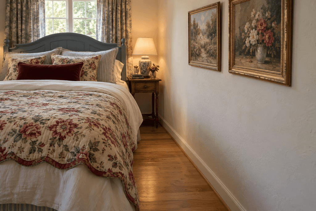 Cottage-style bedroom with floral bedding and two gold-framed paintings decorating the wall above a clear bedside walkway.