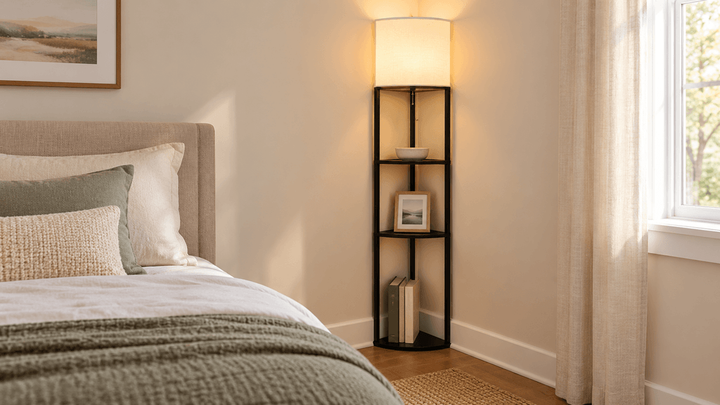 ATAMIN black corner floor lamp with triangular display shelves and a glowing rectangular shade beside a compact upholstered bed.