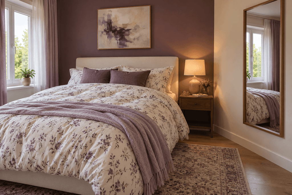 Small bedroom with a plum accent wall, oversized floral bedding, a warm bedside lamp and a full-length mirror reflecting the window.