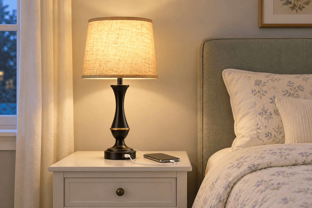 Seealle touch-control lamp with a beige fabric shade and black-and-gold base on a white nightstand, charging a phone beside a bed with lilac floral bedding.