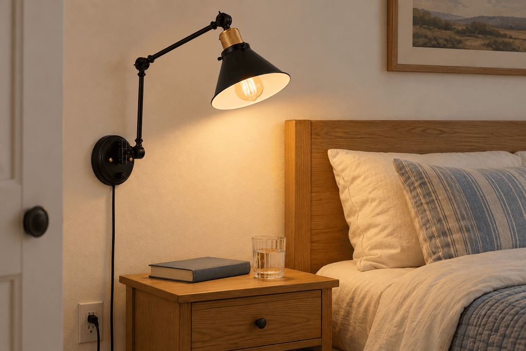 Black TRLIFE swing-arm wall sconce with brass socket providing warm bedside lighting above an oak nightstand in a small bedroom.