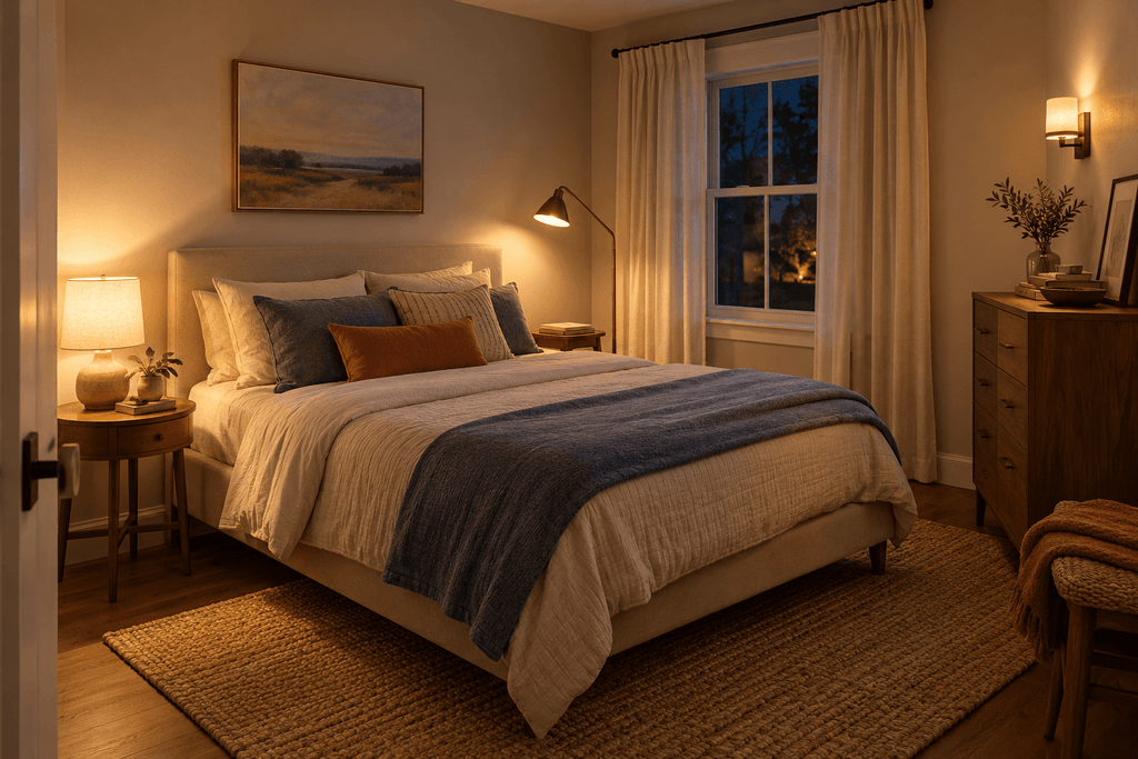 Small bedroom brightened without overhead lighting using a bedside lamp, floor reading lamp and wall sconce placed in separate zones.
