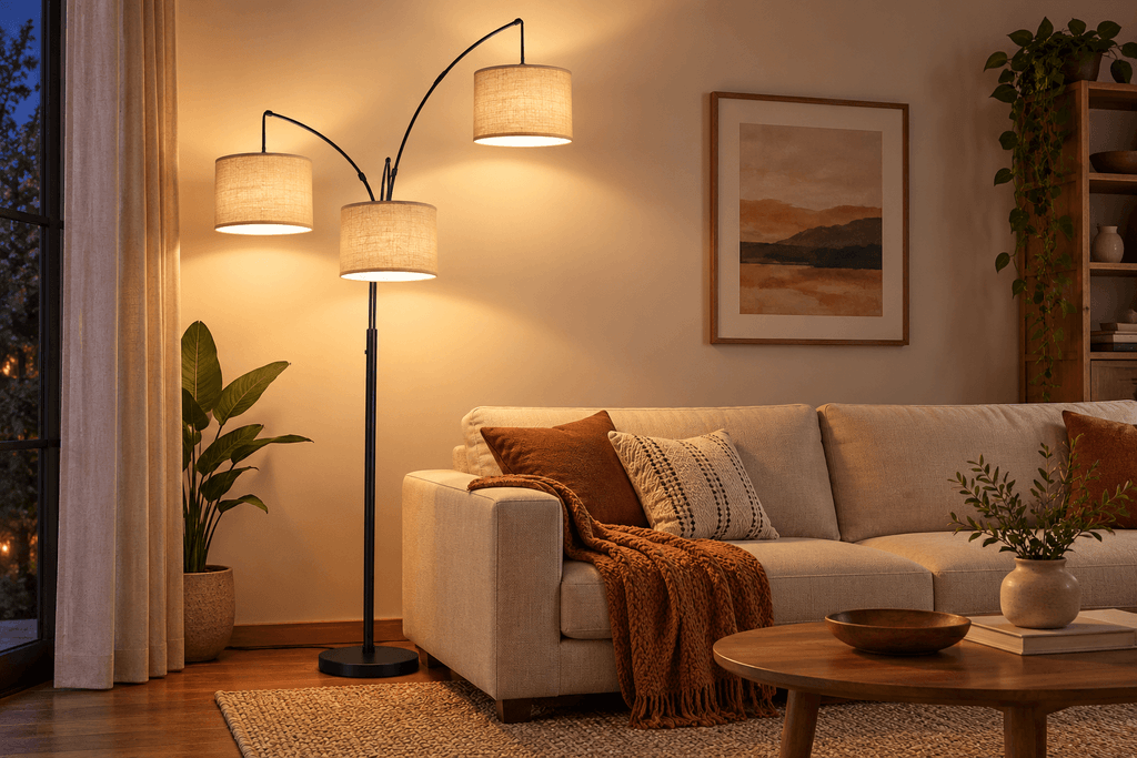 Nintiue three-light arc floor lamp spreading warm light across multiple areas of a living room without overhead lighting.