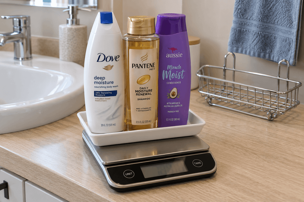 Three toiletry bottles in a tray on a digital scale beside an empty wire shower shelf.