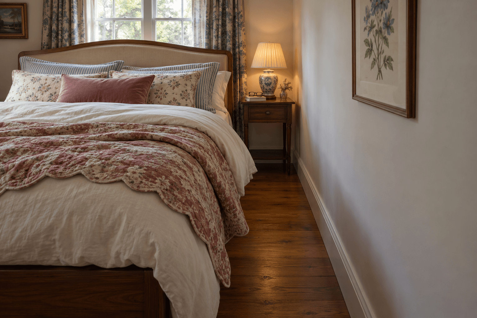 Small bedroom with layered floral bedding, a narrow clear walkway beside the bed, and framed botanical artwork on the wall.