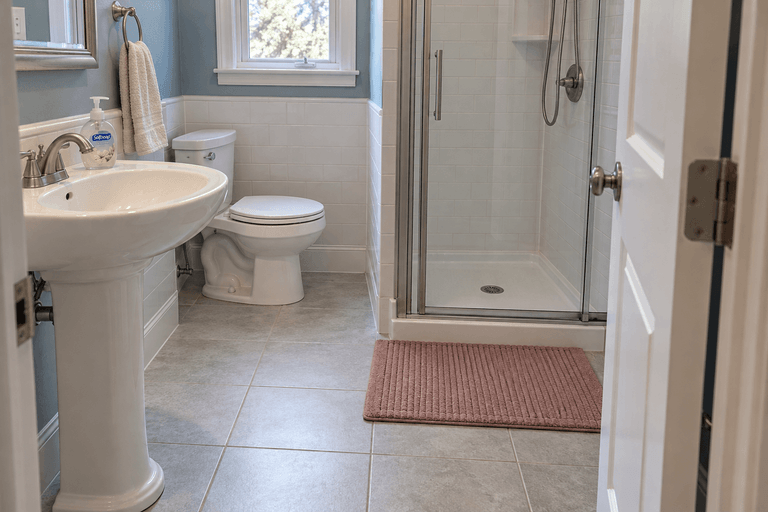 Small blue-and-white bathroom with a pedestal sink and a rose-colored bath mat positioned outside the shower enclosure.