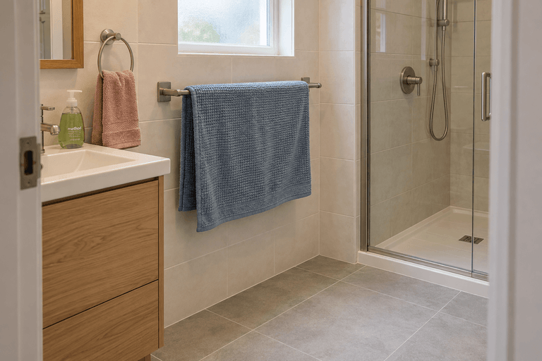 Blue textured bath mat draped across a wall-mounted rail in a compact bathroom, separate from a rose hand towel and clear of the floor.