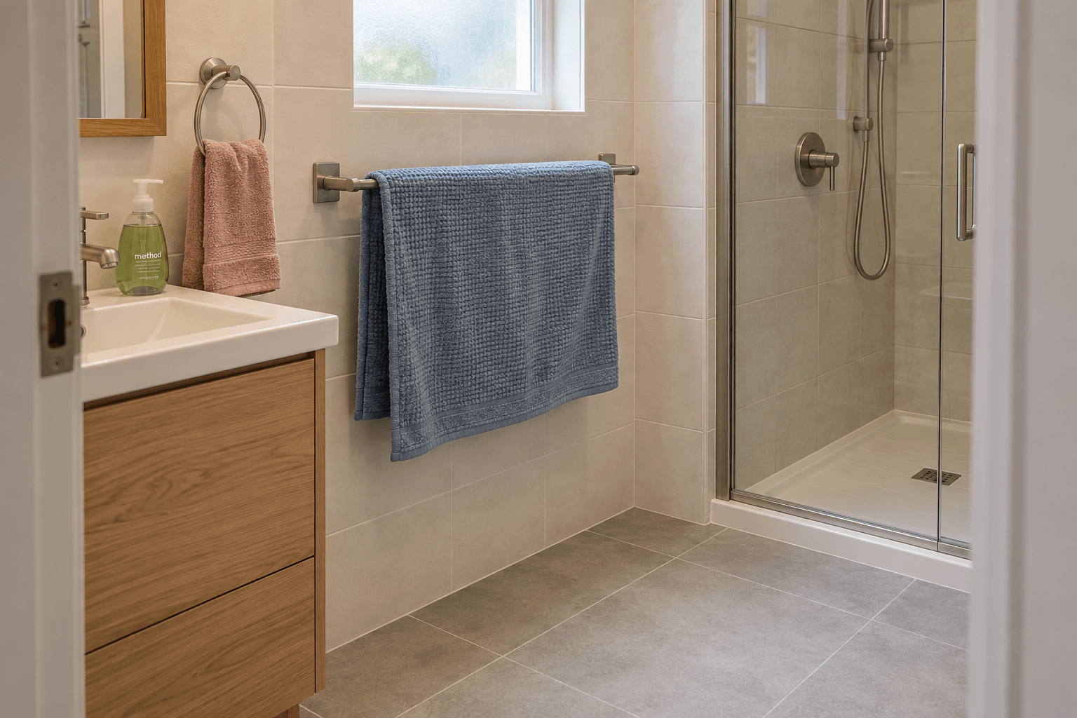 Blue textured bath mat draped across a wall-mounted rail in a compact bathroom, separate from a rose hand towel and clear of the floor.