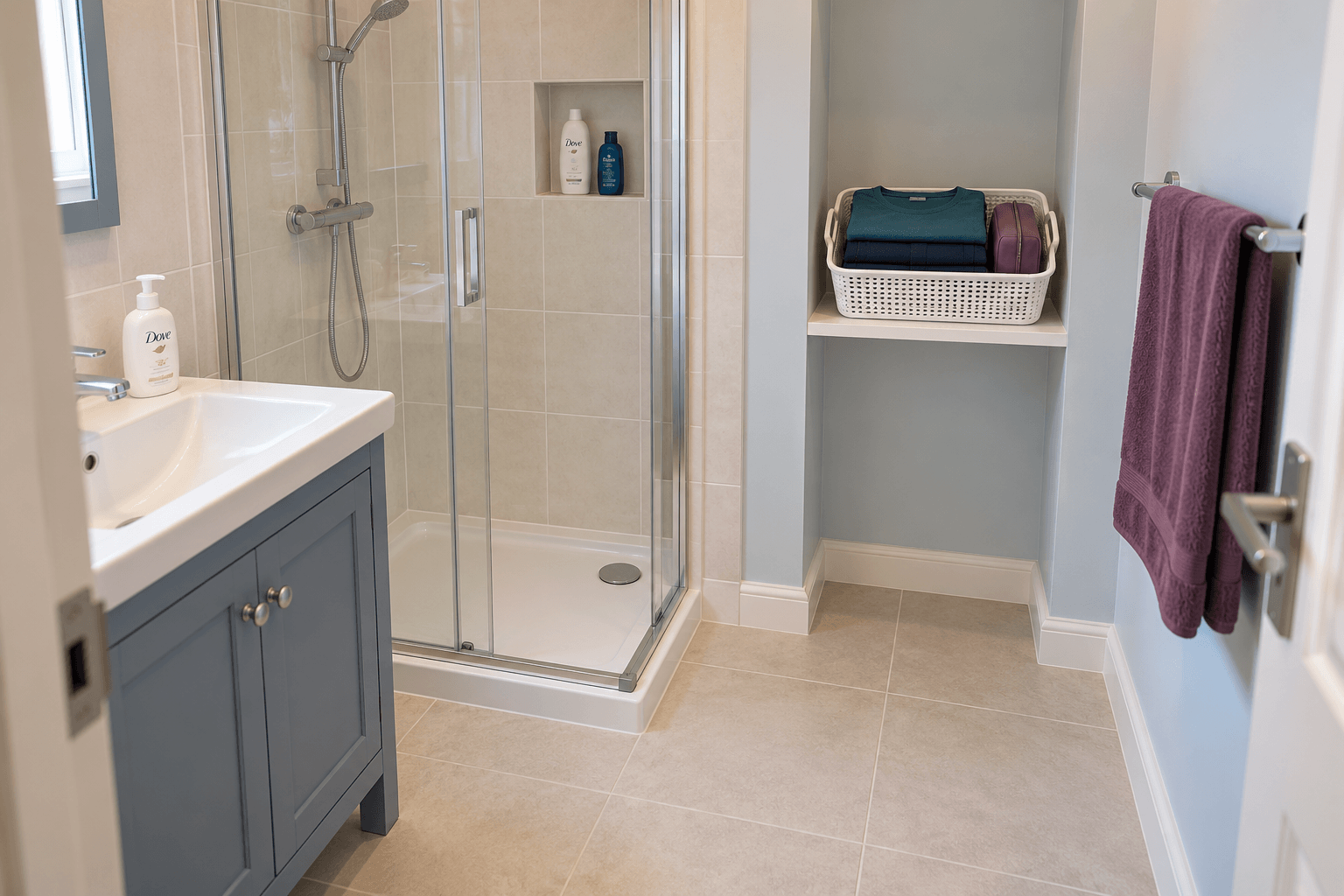 Folded clean clothes and a zipped pouch in a basket on a shelf outside the shower, with a separate purple towel and clear floor space.