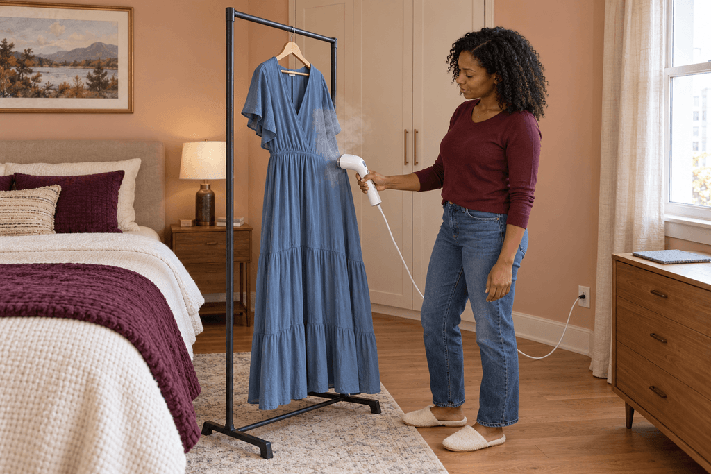 Woman using a handheld steamer on a long blue dress hanging from a freestanding rack in a small bedroom.