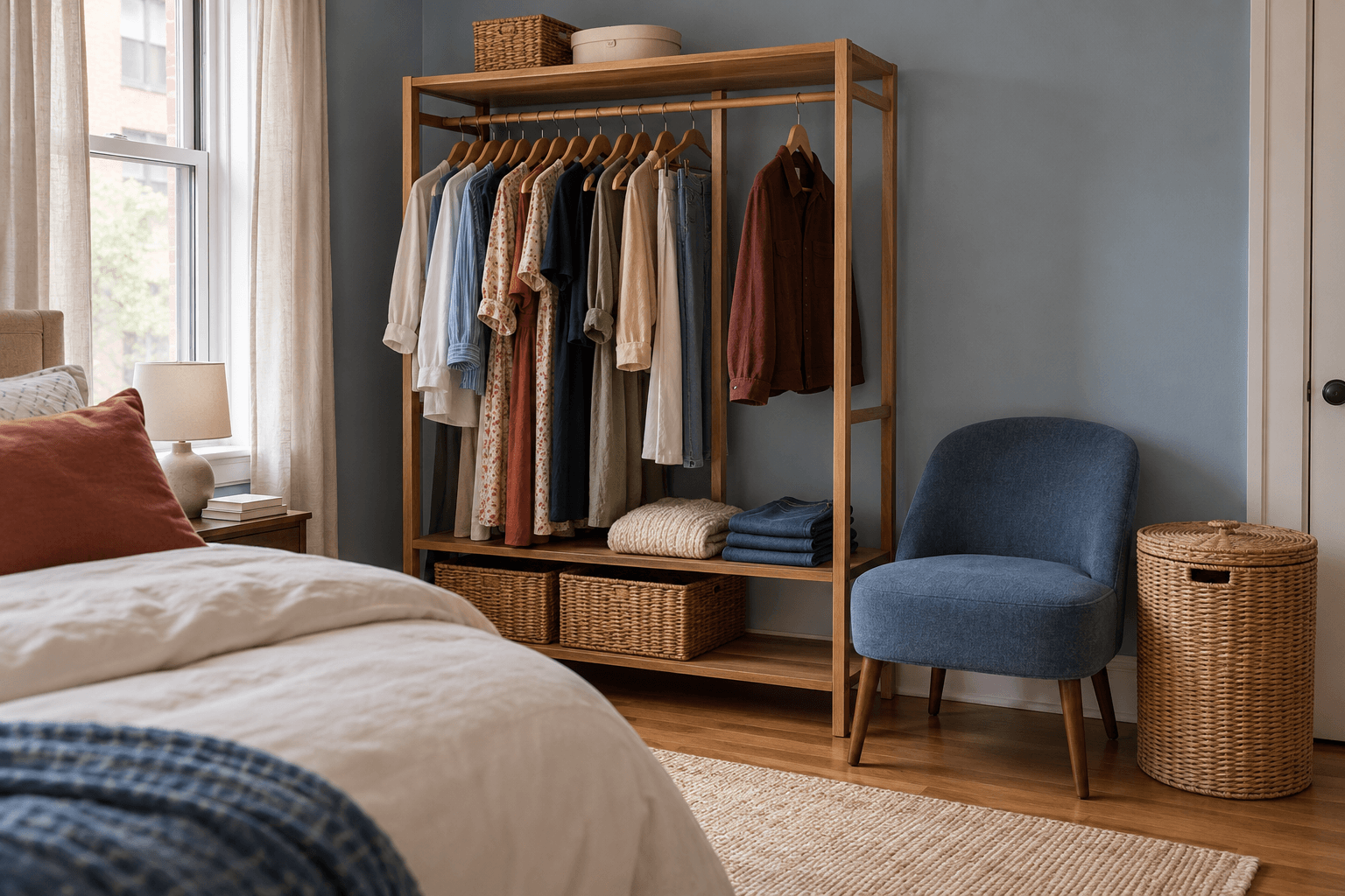 Small bedroom with a burgundy jacket hanging separately on an open wardrobe, folded knitwear and jeans on a shelf, and a clear blue chair beside a closed laundry hamper.