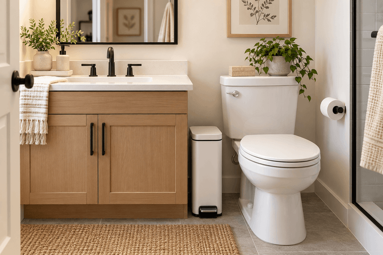 Slim stainless steel pedal trash can positioned between a wooden vanity and toilet in a small modern bathroom.