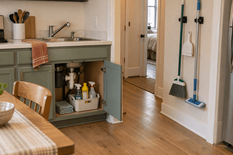 Small apartment kitchen with cleaning bottles in an under-sink caddy and a broom, mop, and dustpan mounted on a separate wall.