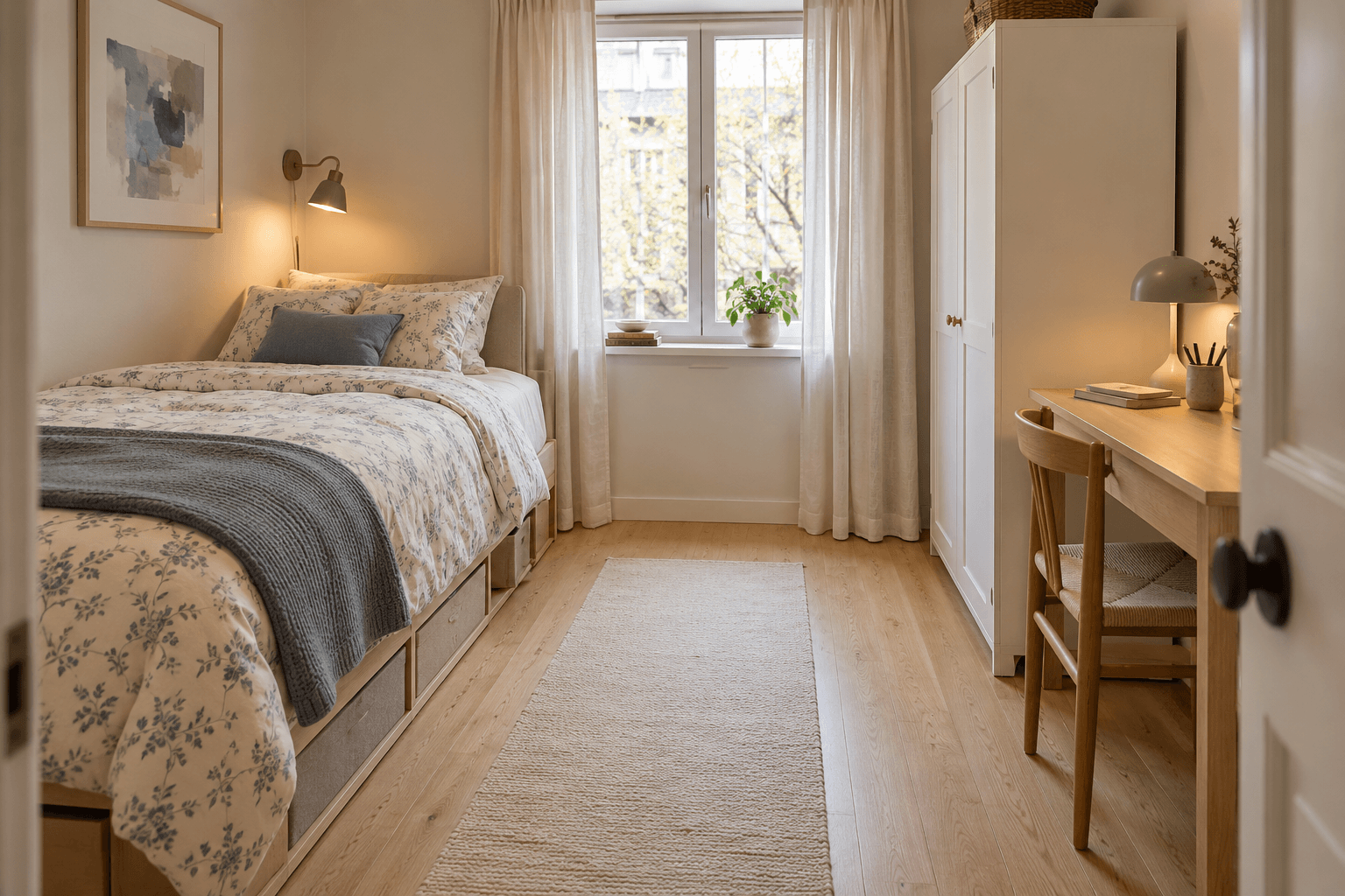 Small bedroom with blue floral bedding, underbed storage, a white wardrobe and a compact wooden desk beside a clear central walkway.