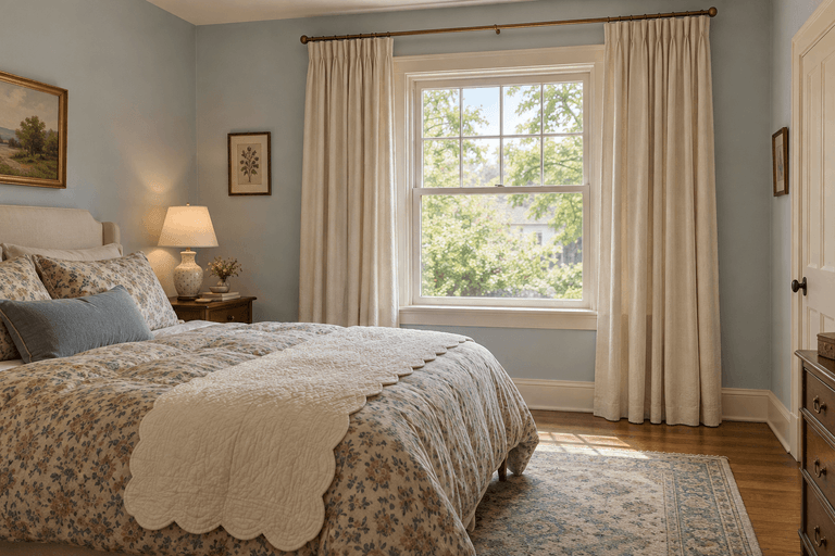 Ivory curtains hung high and wide beside a bedroom window, with floral bedding, a scalloped cream quilt and pale blue walls.