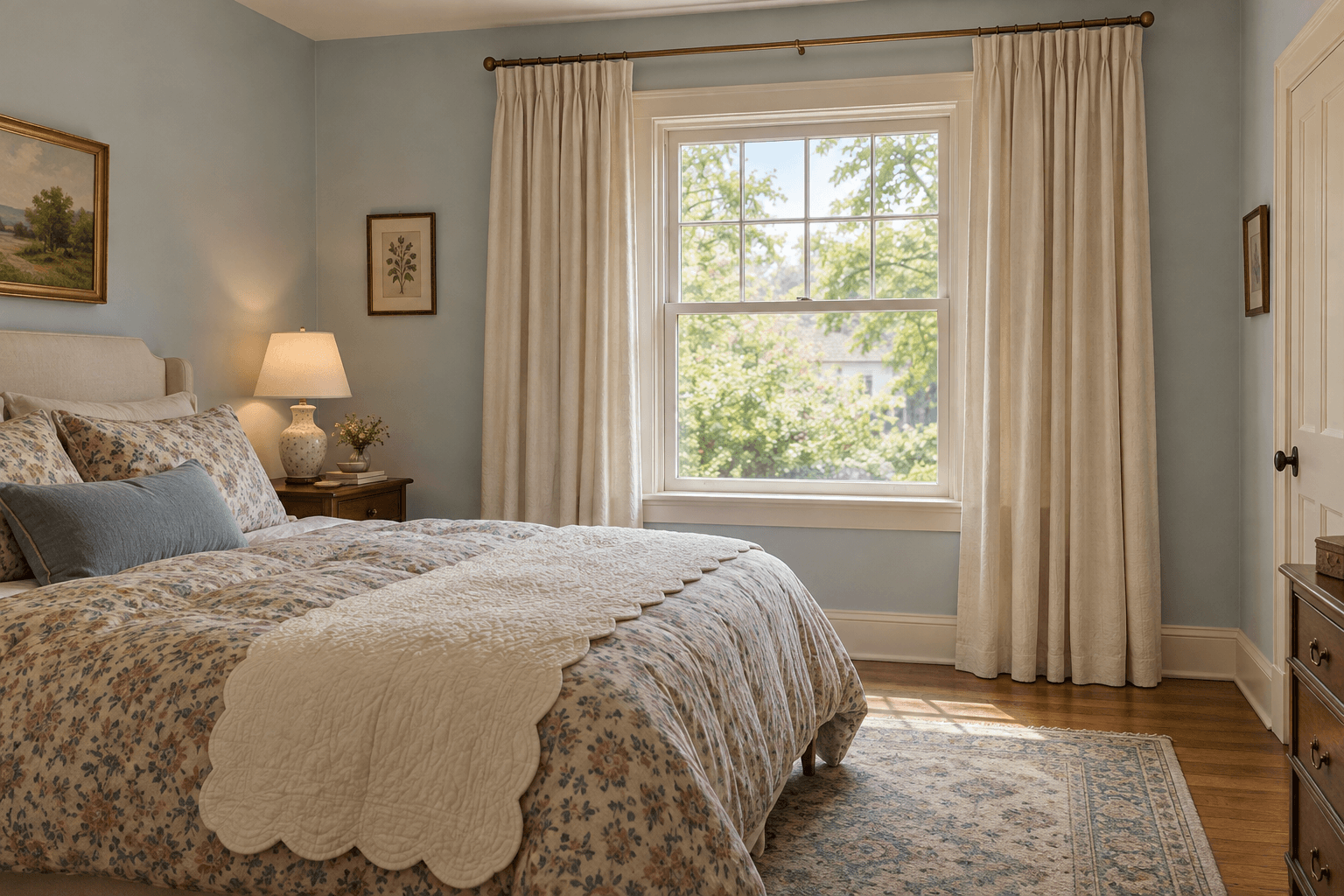 Ivory curtains hung high and wide beside a bedroom window, with floral bedding, a scalloped cream quilt and pale blue walls.