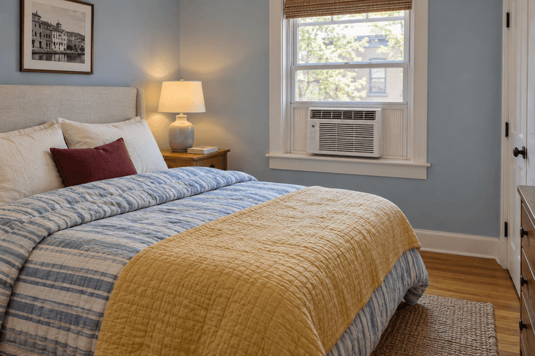 Window air conditioner beside a bed with blue striped bedding and a yellow quilt in a small bedroom.