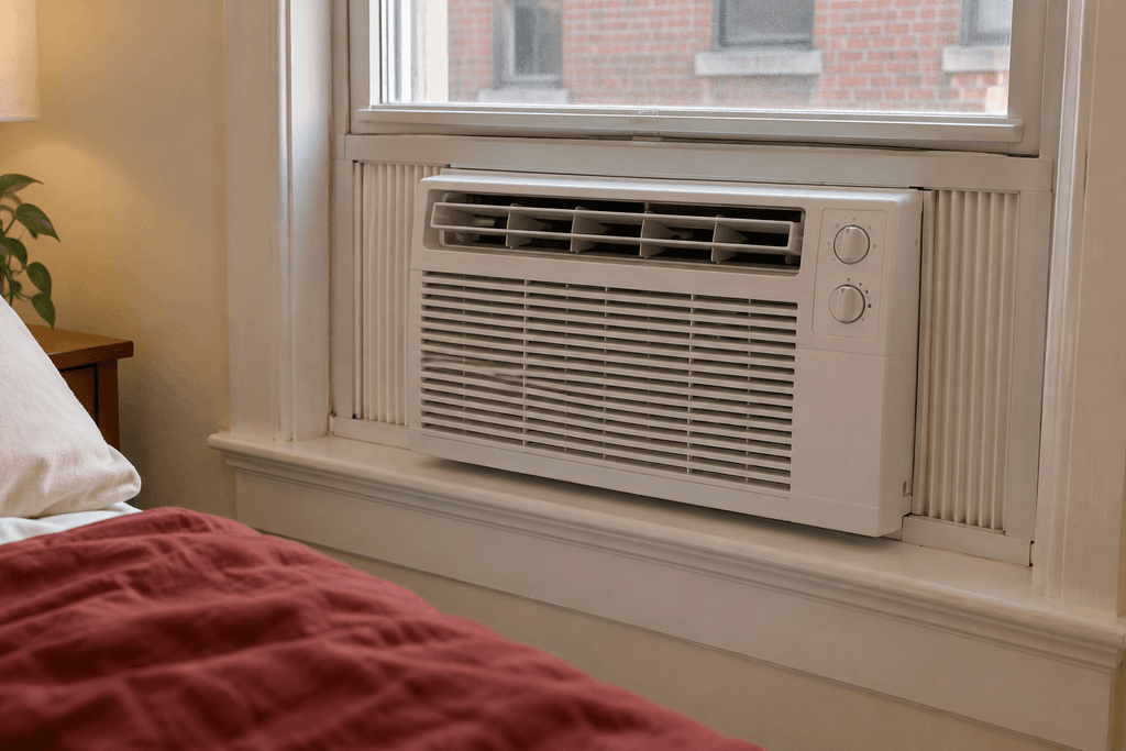 Close-up of a window air conditioner showing directional louvers above the larger intake grille beside a bed.